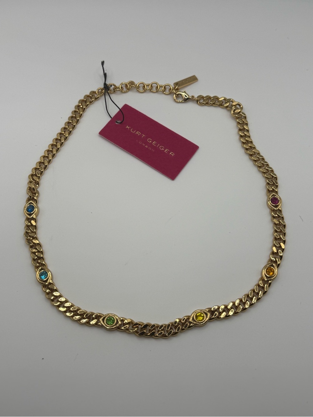 Kurt Geiger Gold Chain Necklace with Multicolored Stone Drops
